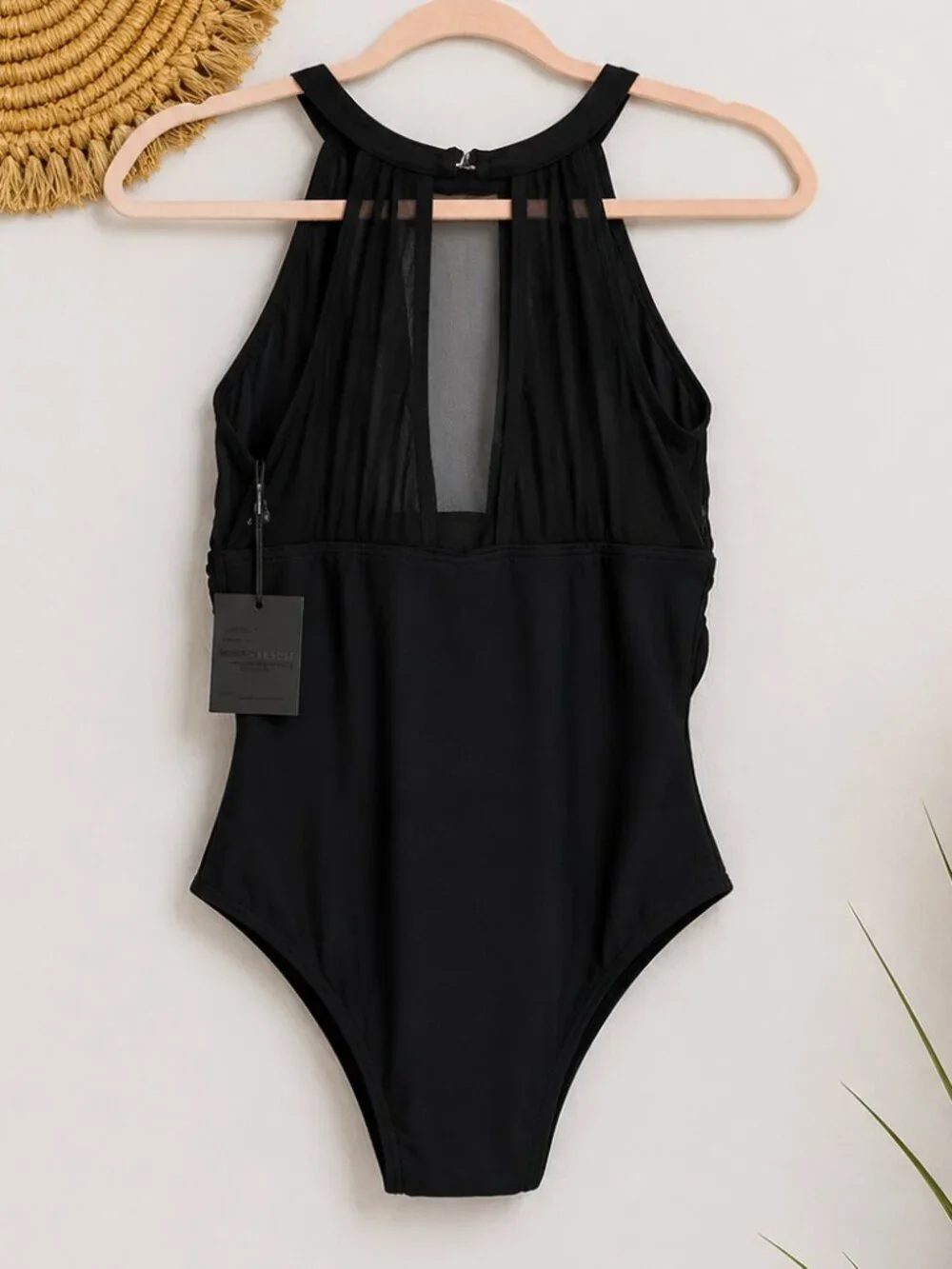 Dixperfect NEW Black High Neck Mesh Ruched Monokini Swimsuit SZ Medium Beach Mod